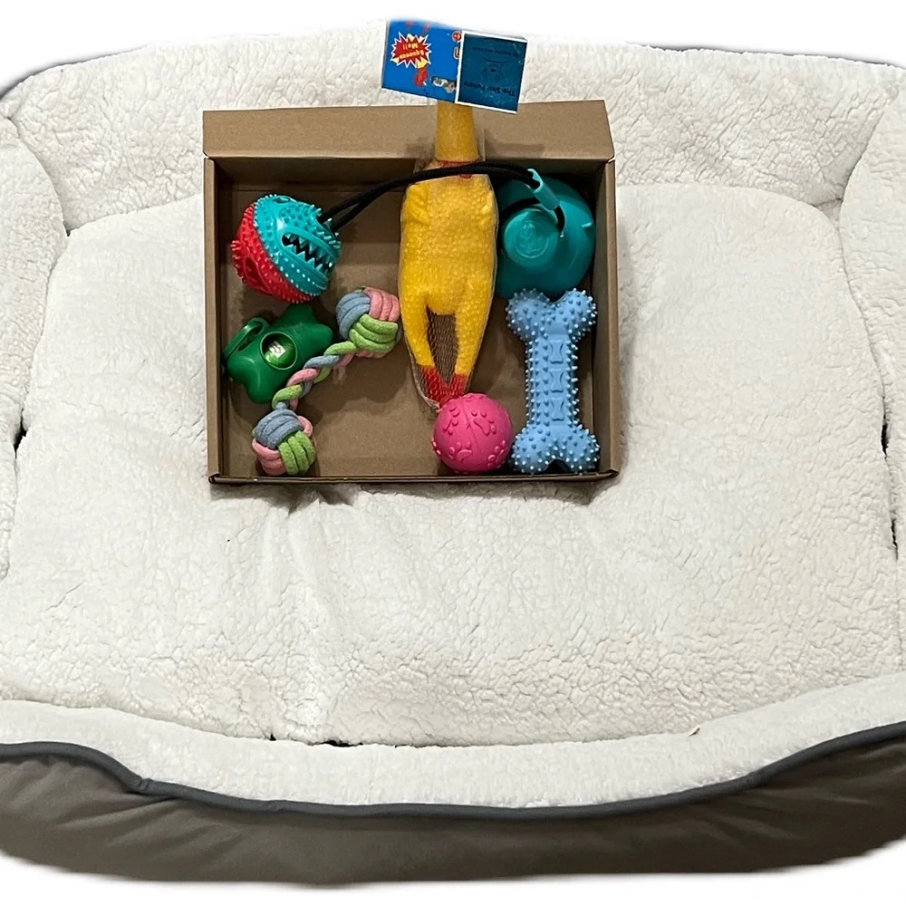 This is a bundle of pet toys with the bed. This is great for medium size dog ,